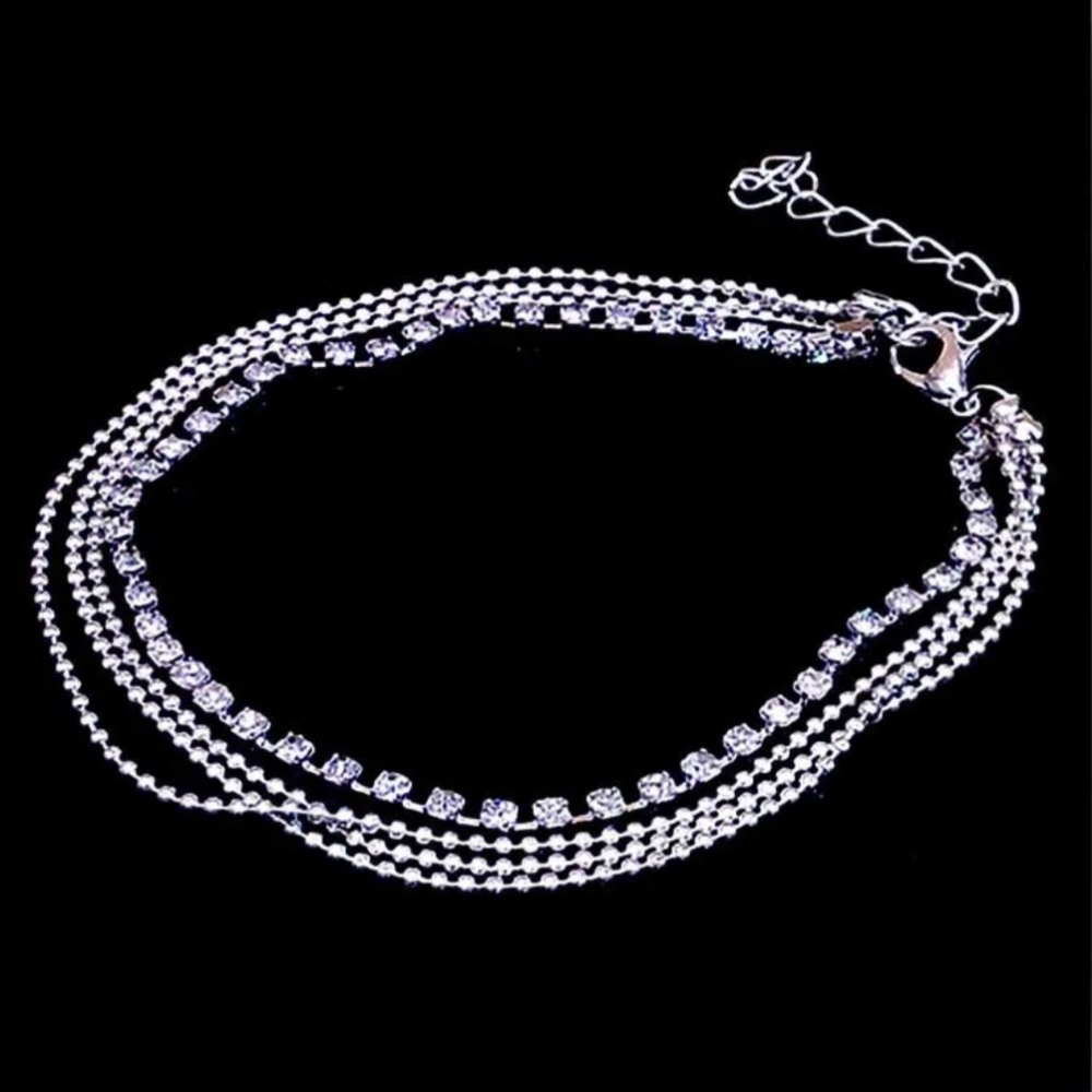 Silver Beaded Rhinestone Chain Tiers Tiered Layered Tennis Ankle Bracelet Anklet - Picture 4 of 16
